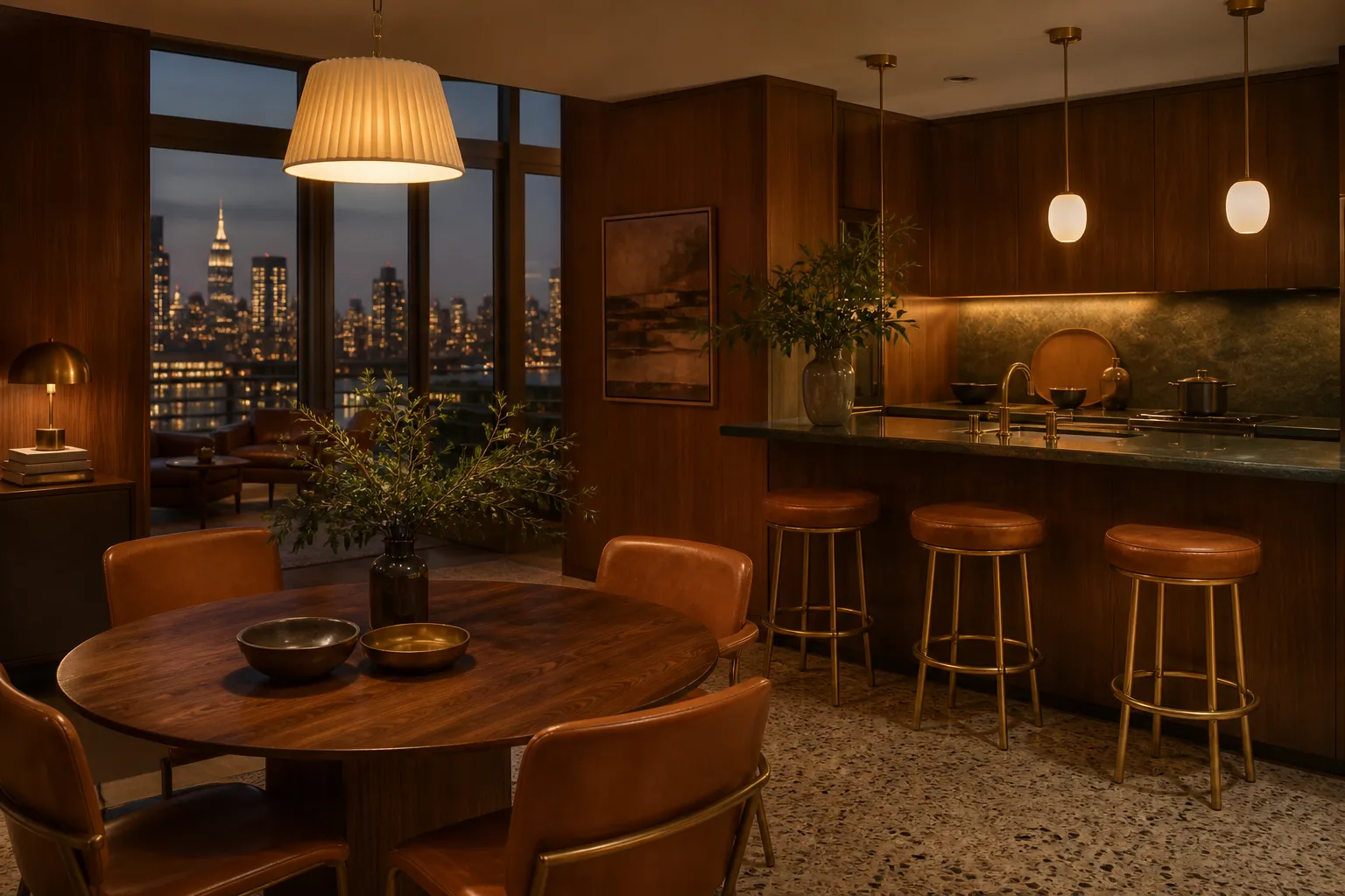 Quiet evening dining context beside a warm walnut kitchen with cognac seating and a softly glowing city view.