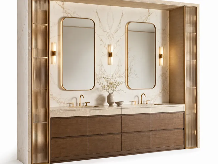 Fadior Nacre Bath and Vanity Suite with Limestone Double Basin Alcove — 304 stainless steel bath and vanity system,