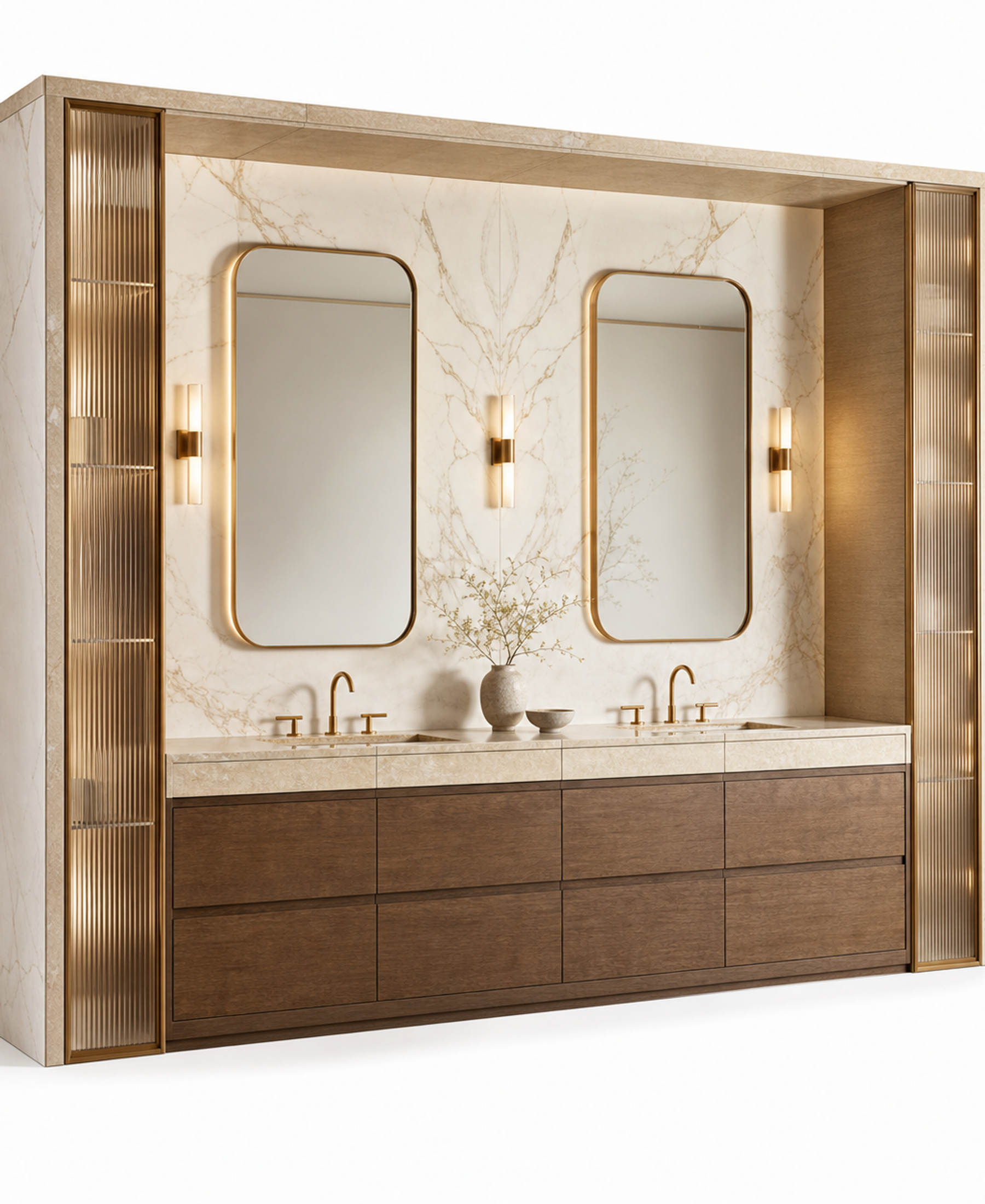 Fadior Nacre Bath and Vanity Suite with Limestone Double Basin Alcove — 304 stainless steel bath and vanity system,