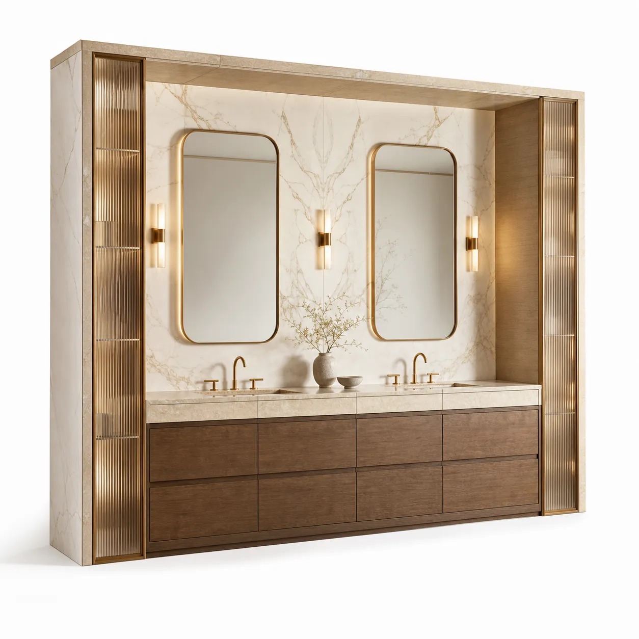 Suite de Baño y Tocador Nacre con Doble Lavabo en Hornacina de Piedra Caliza vista principal