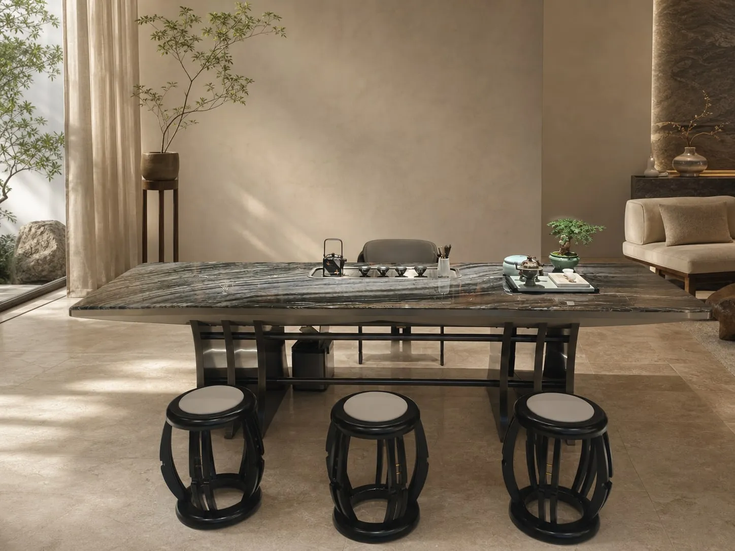 Marble Tea Table with Integrated Basin