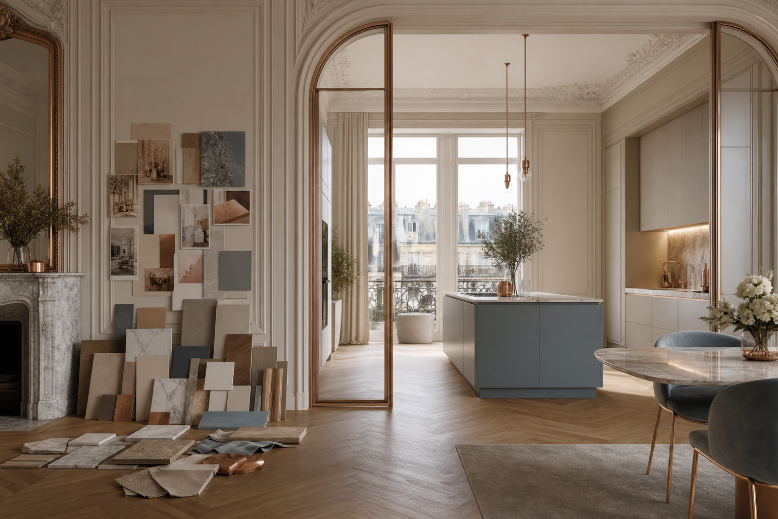 Conceptual comparison scene contrasting loose exhibition references with a resolved apartment kitchen plan.