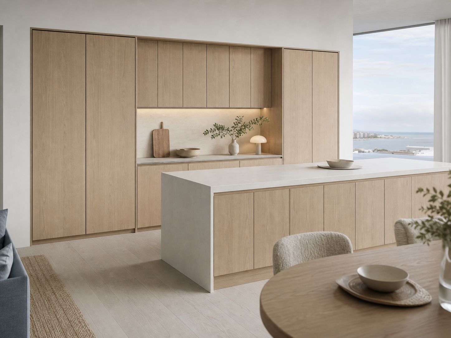 Fadior Pavilion Kitchen Suite with Linen Breakfast Prep Spine — interior room context showing cabinet integration