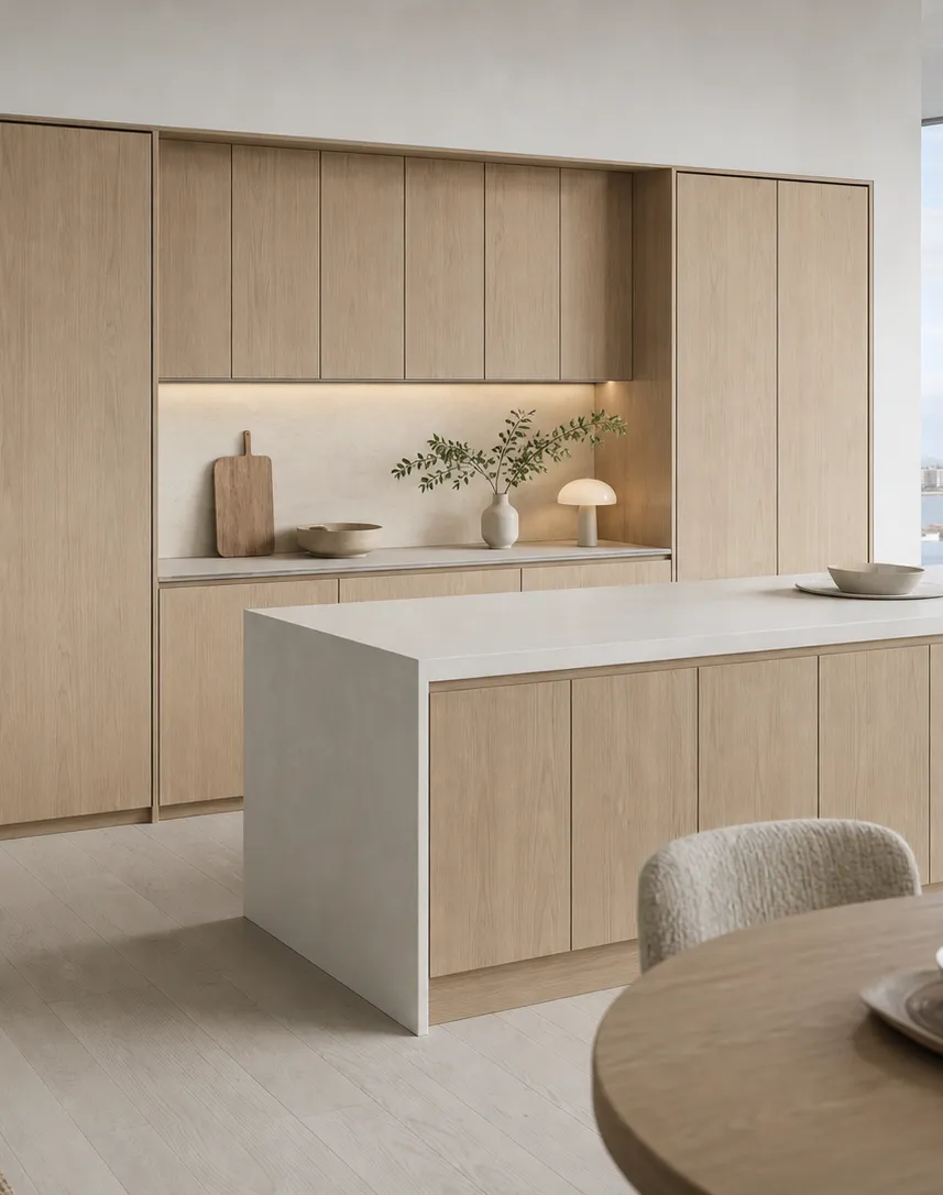 Suite de Cocina Pavilion con Columna de Preparación para Desayunos en Lino perspectiva interior