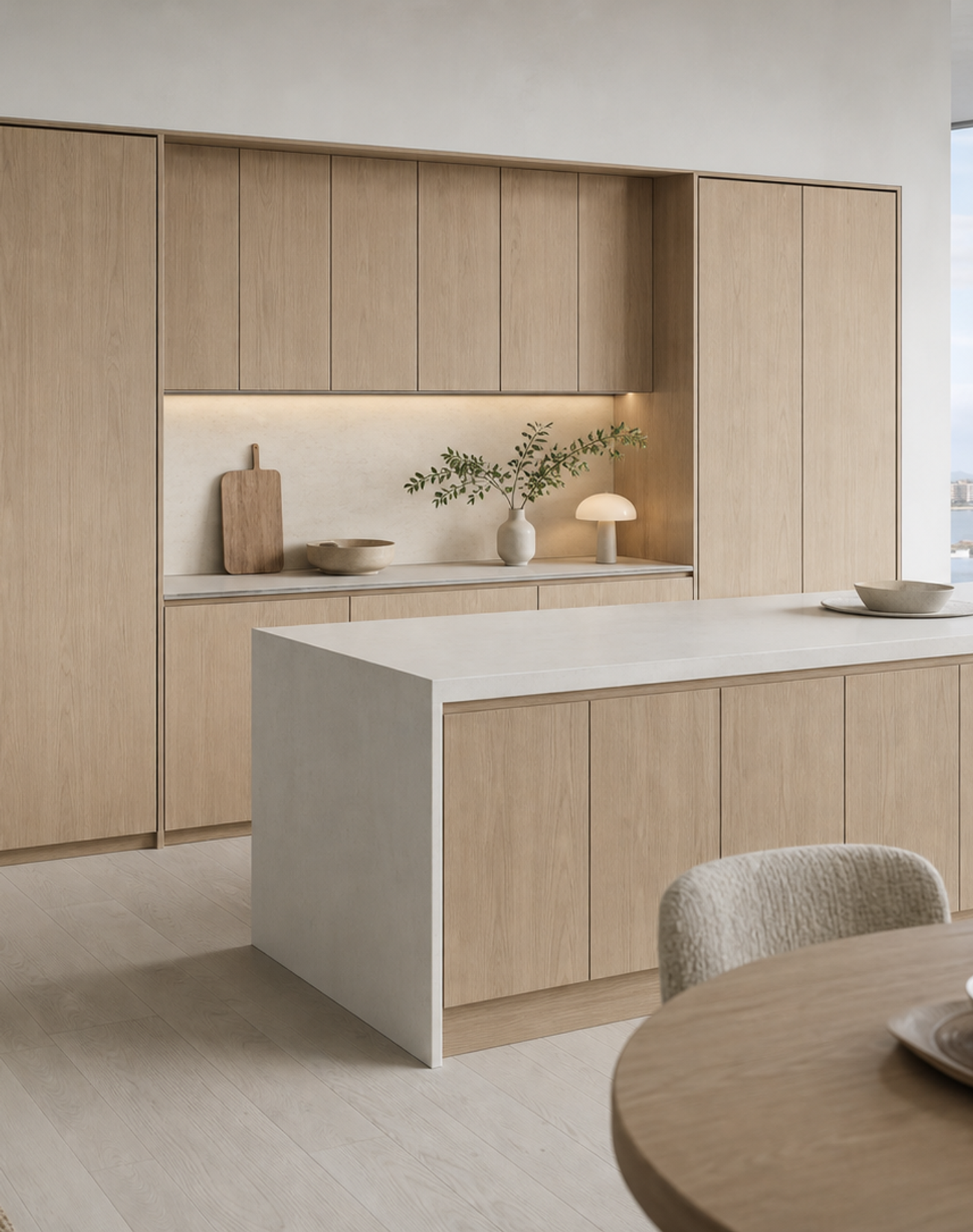 Fadior Pavilion Kitchen Suite with Linen Breakfast Prep Spine — interior room context showing cabinet integration