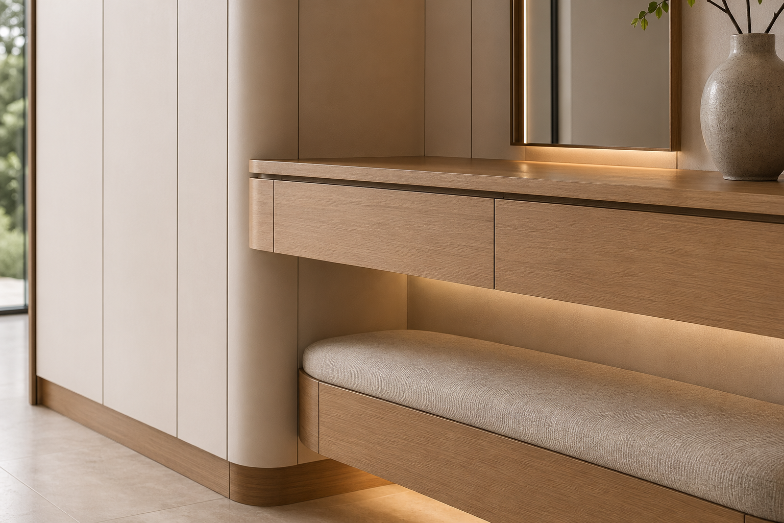 Fadior Ecliptic Entryway Suite with Curved Halo Console Wall — close-up of stainless steel finish and hardware detail