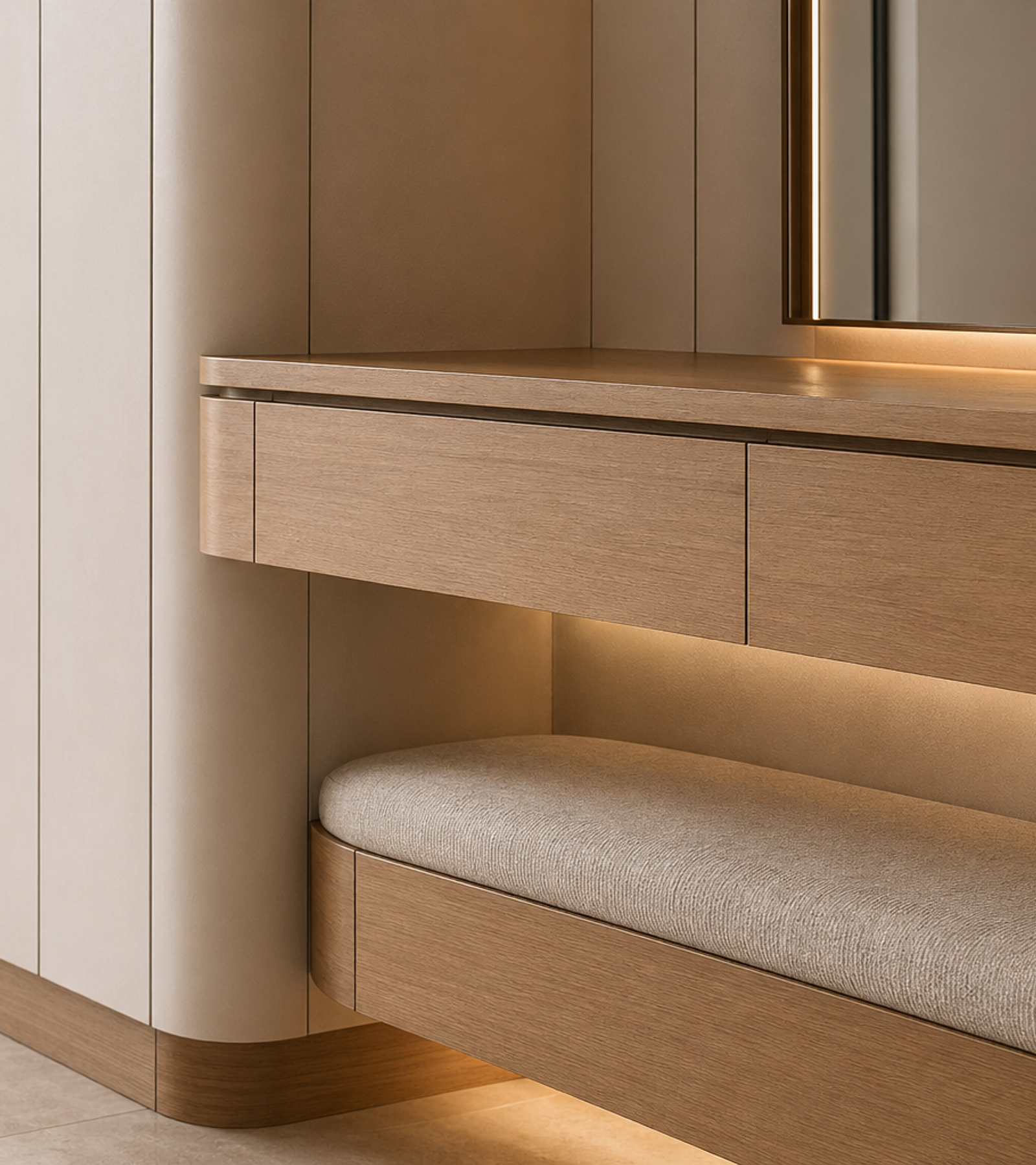 Fadior Ecliptic Entryway Suite with Curved Halo Console Wall — close-up of stainless steel finish and hardware detail