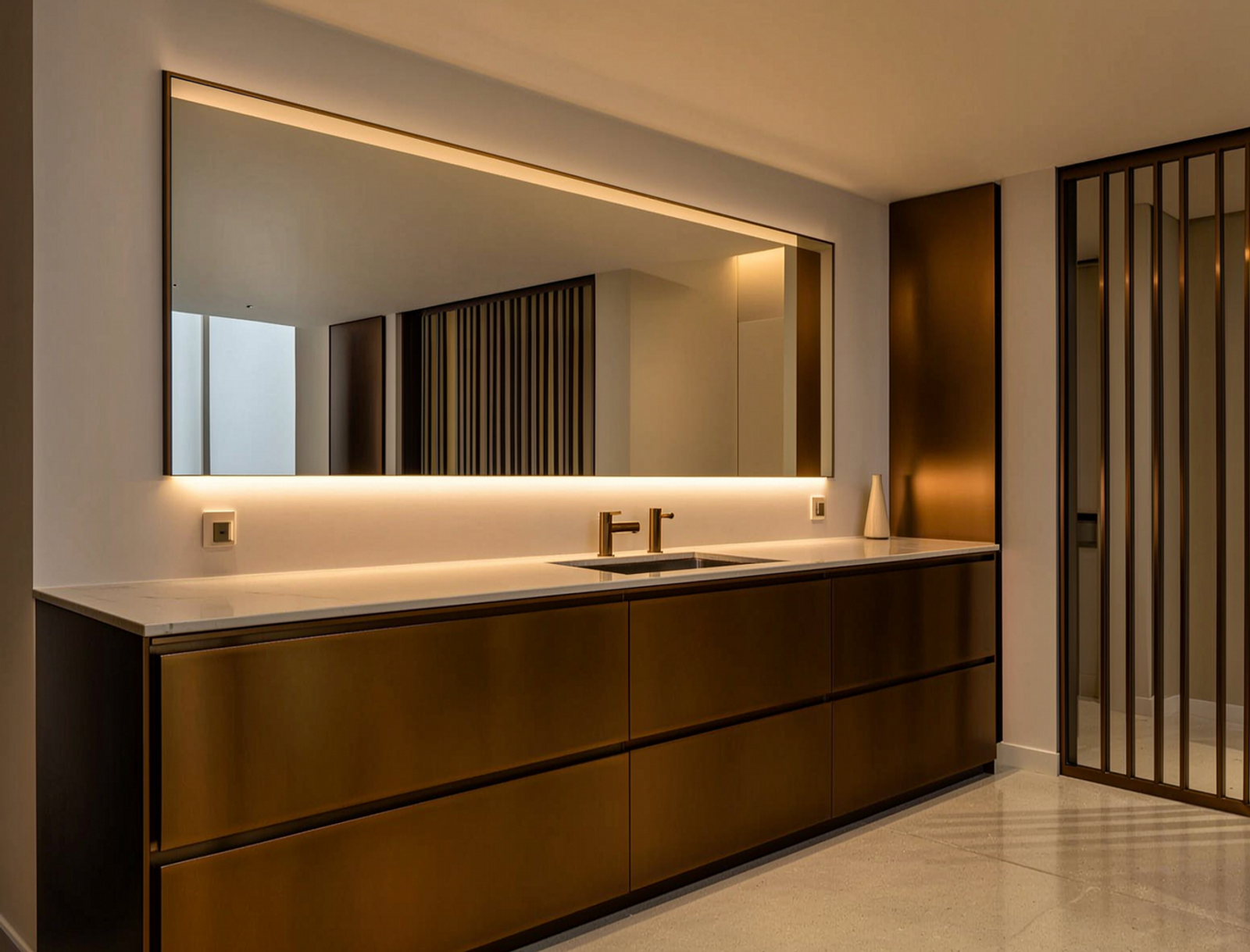 PVD Bronze Finish applied in luxury residential bathroom vanity cabinet doors