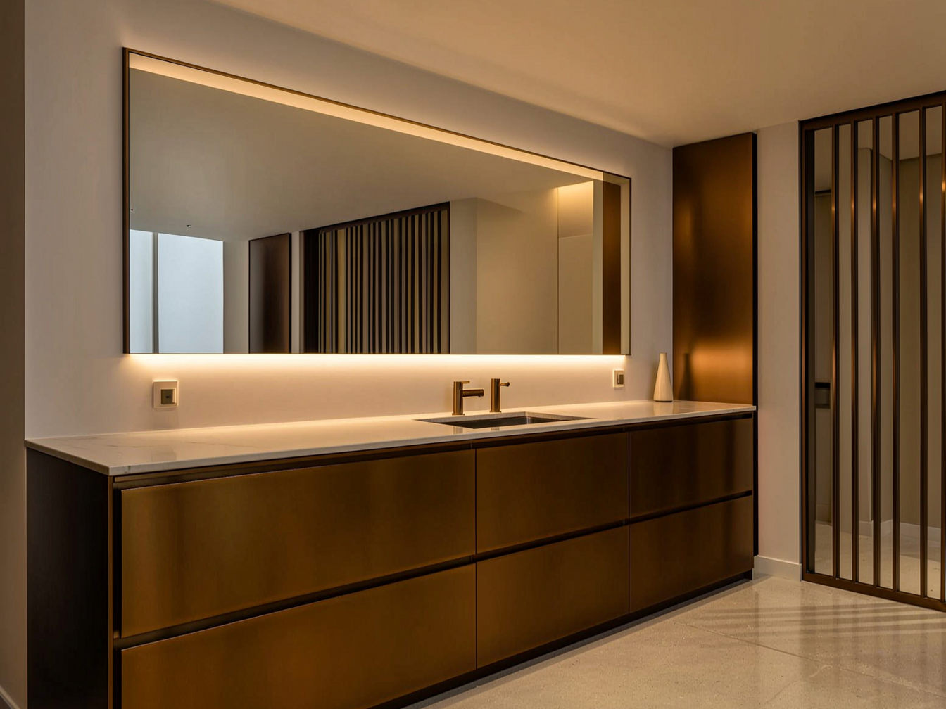 PVD Bronze Finish applied in luxury residential bathroom vanity cabinet doors