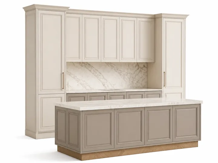 Fadior Meridian Cabinets Kitchen Suite with Courtyard Prep Spine — 304 stainless steel kitchen system, front view