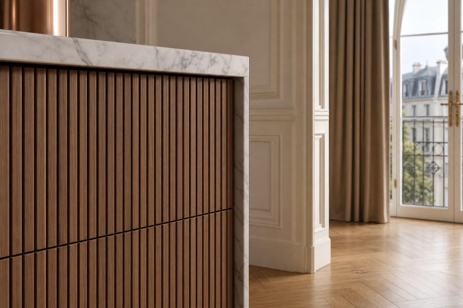 Fadior Meridian Kitchen Suite with Reeded Walnut Social Galley — close-up of stainless steel finish and hardware detail