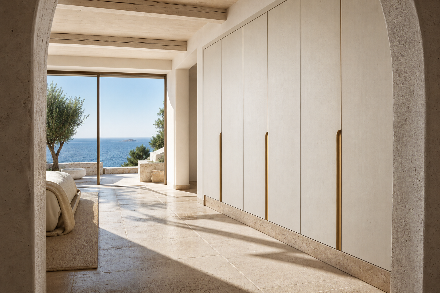 Fadior Onyx Wardrobe Suite with Brass Finish Valet Wall — interior room context showing cabinet integration
