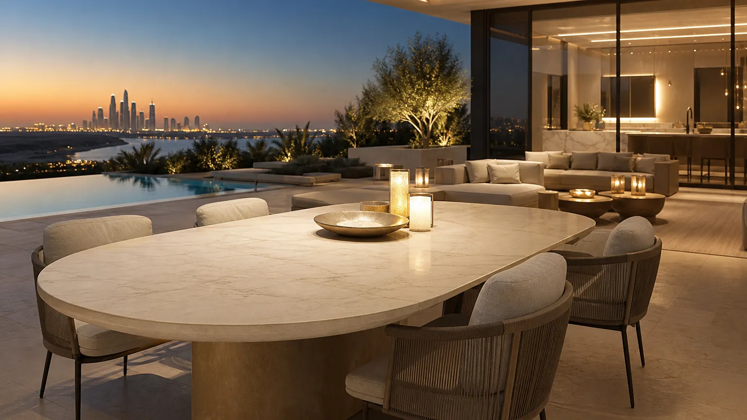 Gulf terrace kitchen atmosphere with cream surfaces and champagne light for outdoor living decisions.