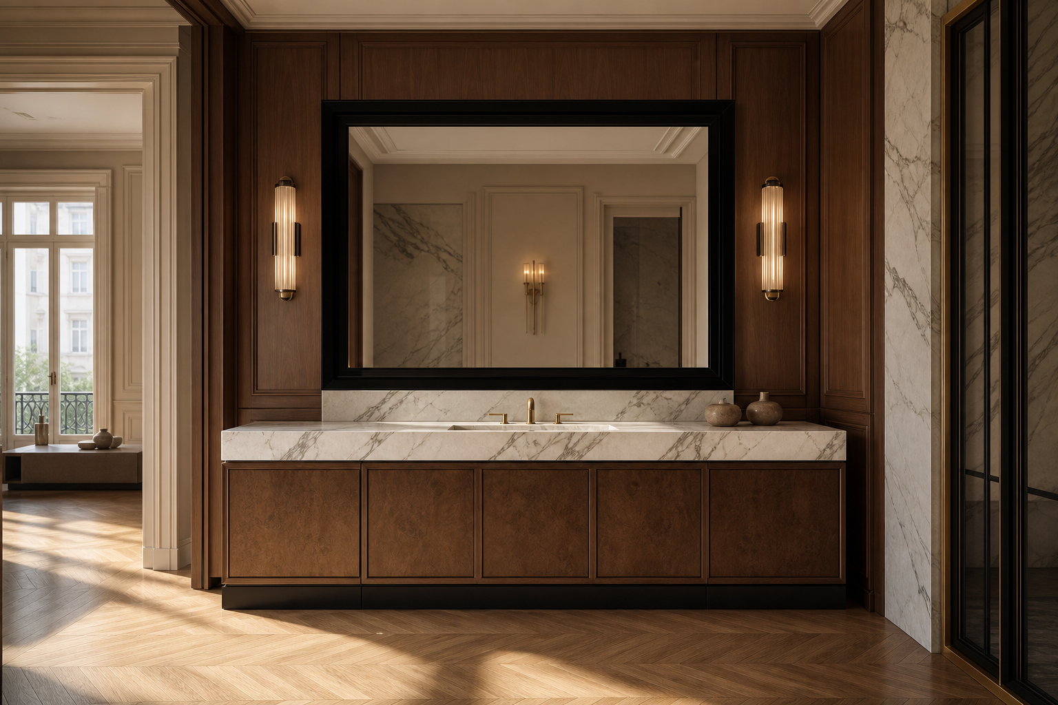 Fadior Solstice Bath and Vanity Suite with Calacatta Basin Sill — lifestyle setting with natural light and residential