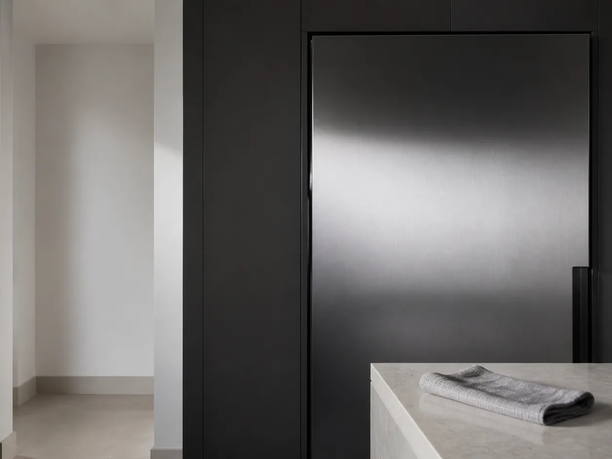 Charcoal refrigerator wall with a clean gray appliance door and folded soft cloth — 304 stainless steel cabinetry editorial by Fadior