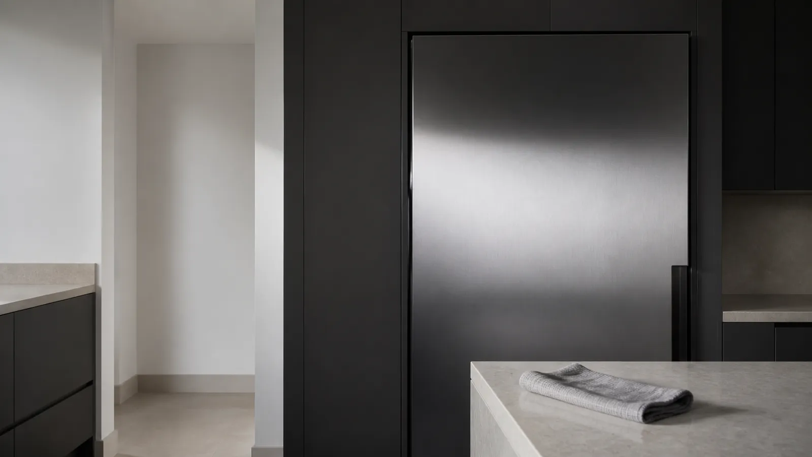 Charcoal refrigerator wall with a clean gray appliance door and folded soft cloth