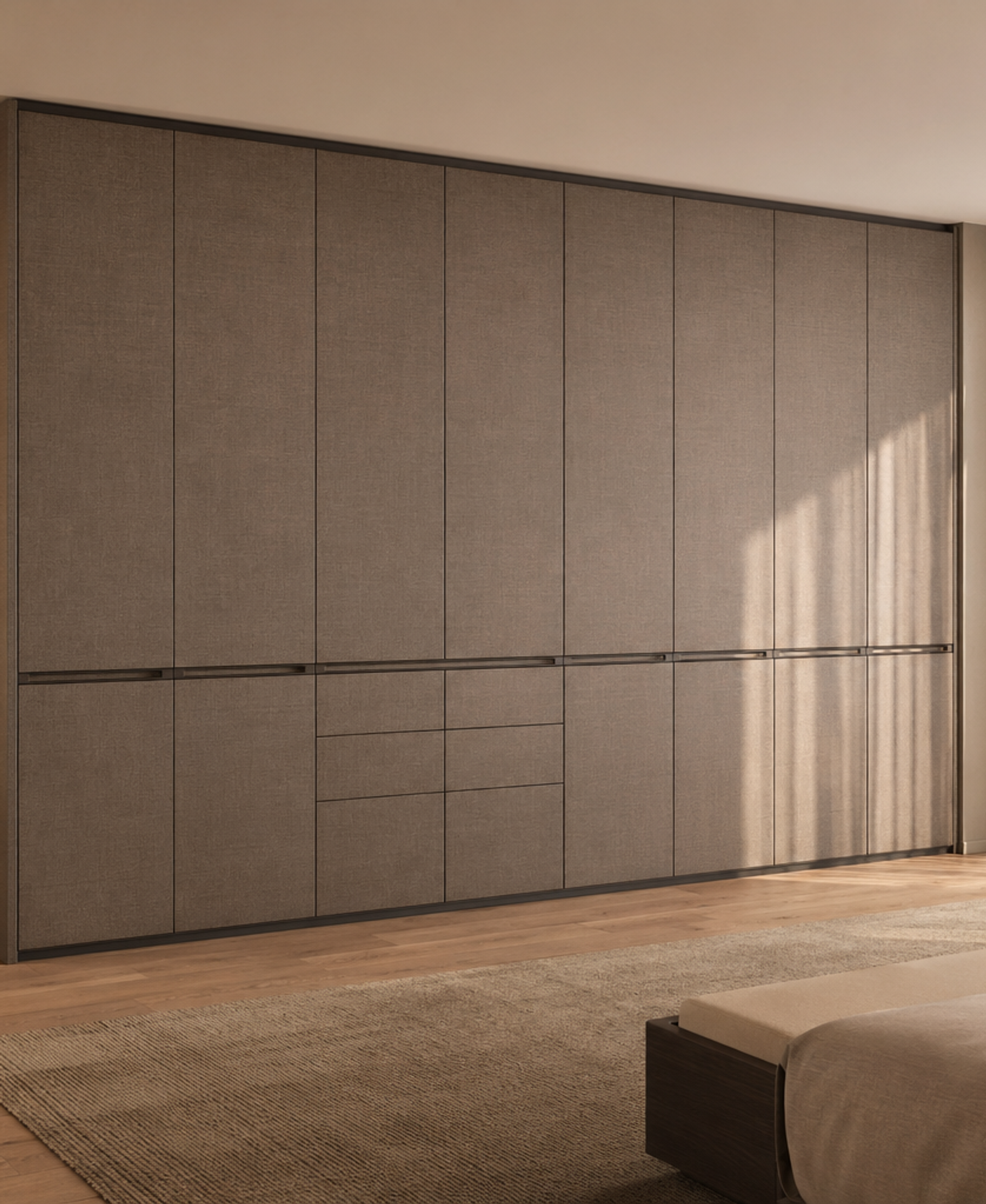 Fadior Eclipse Wardrobe Suite with Smoked Linen Dressing Wall — 304 stainless steel wardrobe system, front view