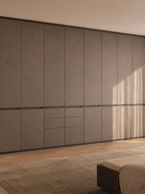 Fadior Eclipse Wardrobe Suite with Smoked Linen Dressing Wall — 304 stainless steel wardrobe system, front view