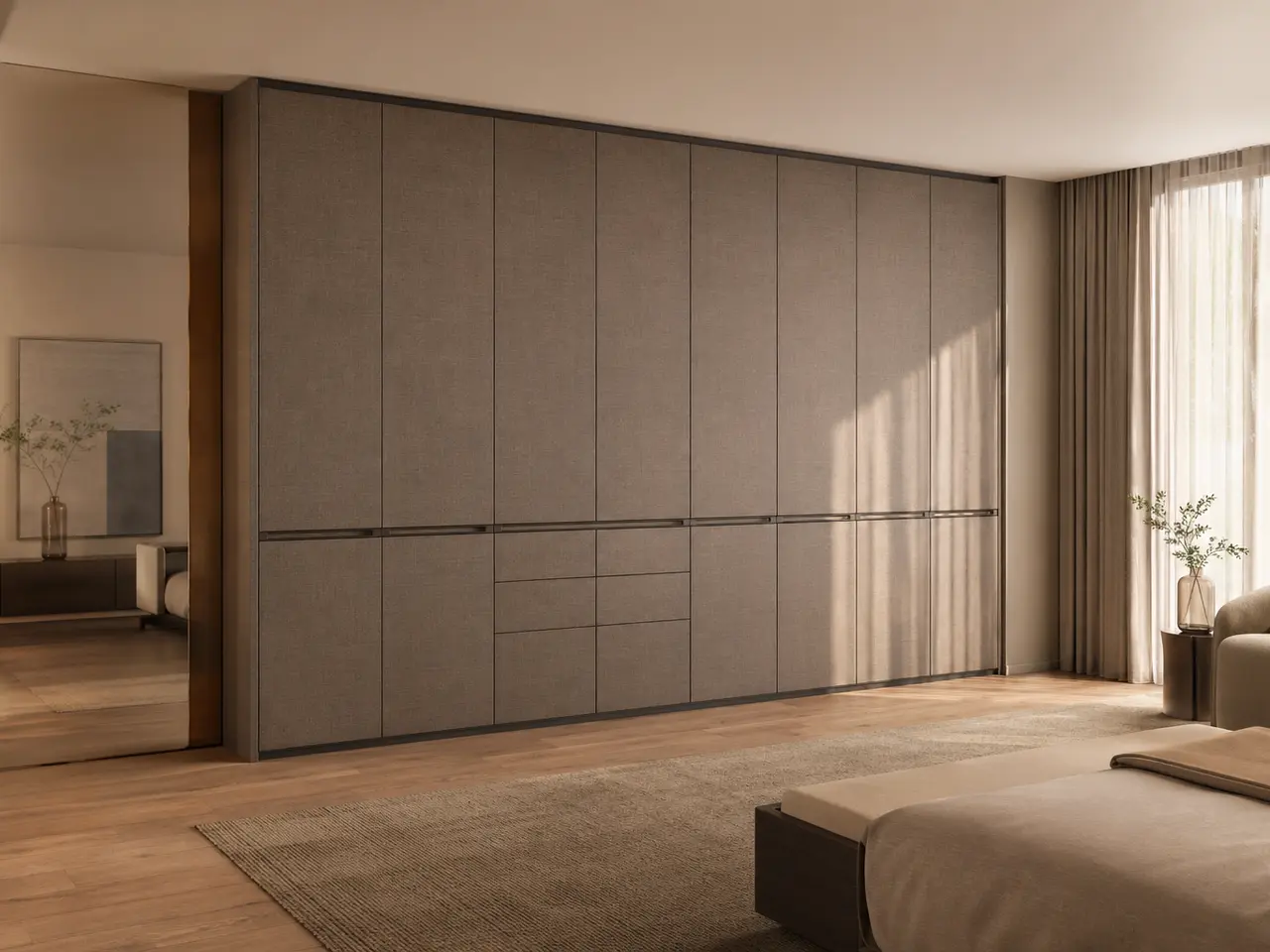 Fadior Eclipse Wardrobe Suite with Smoked Linen Dressing Wall - custom 304 stainless steel wardrobe or walk-in closet with lighting, hanging, drawer storage, and residential finishes