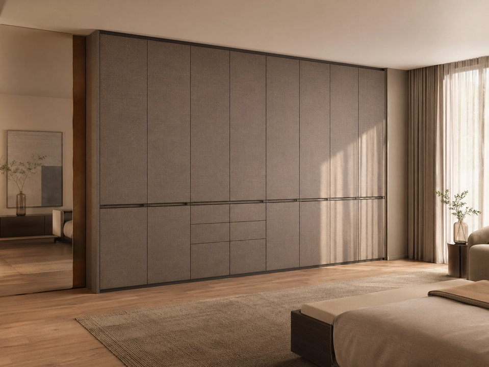 Fadior Eclipse Wardrobe Suite with Smoked Linen Dressing Wall — 304 stainless steel wardrobe system, front view