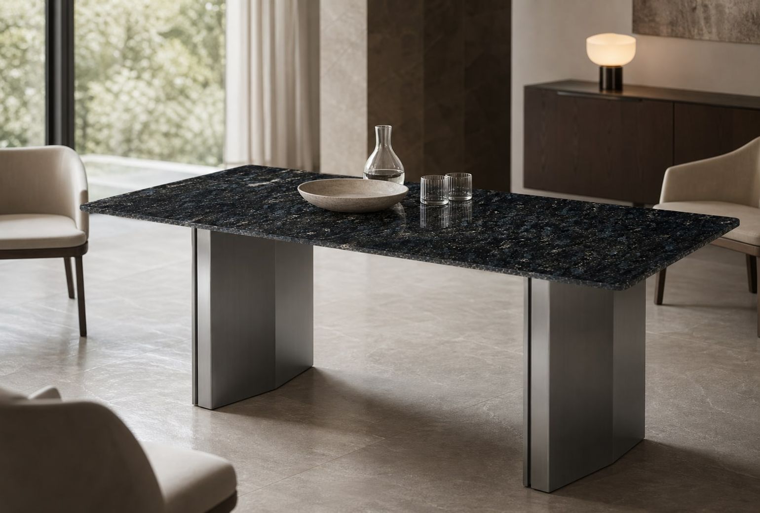 Stone-Top Marble Dining Table (Natural luxury stone) styled in a FADIOR HOME interior setting