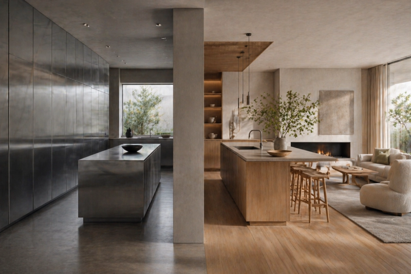 Decision comparison scene: a colder showroom-like kitchen edge contrasted with a warmer integrated 304 stainless steel living-kitchen context.