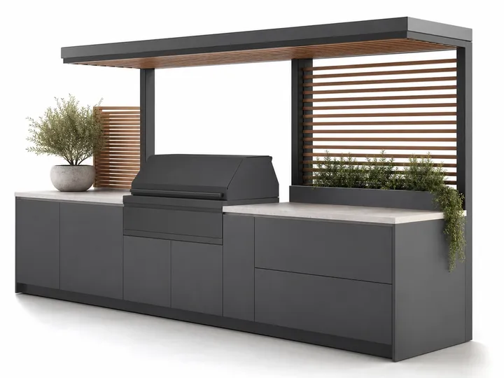Fadior Vantage Outdoor Kitchen Suite with Shaded Galley Grill Rail — 304 stainless steel outdoor kitchen system, front view