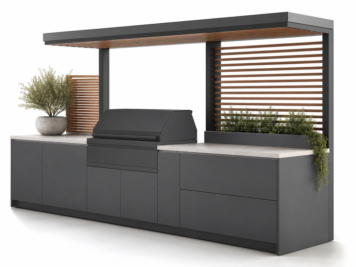 Fadior Vantage Outdoor Kitchen Suite with Shaded Galley Grill Rail — 304 stainless steel outdoor kitchen system, front view