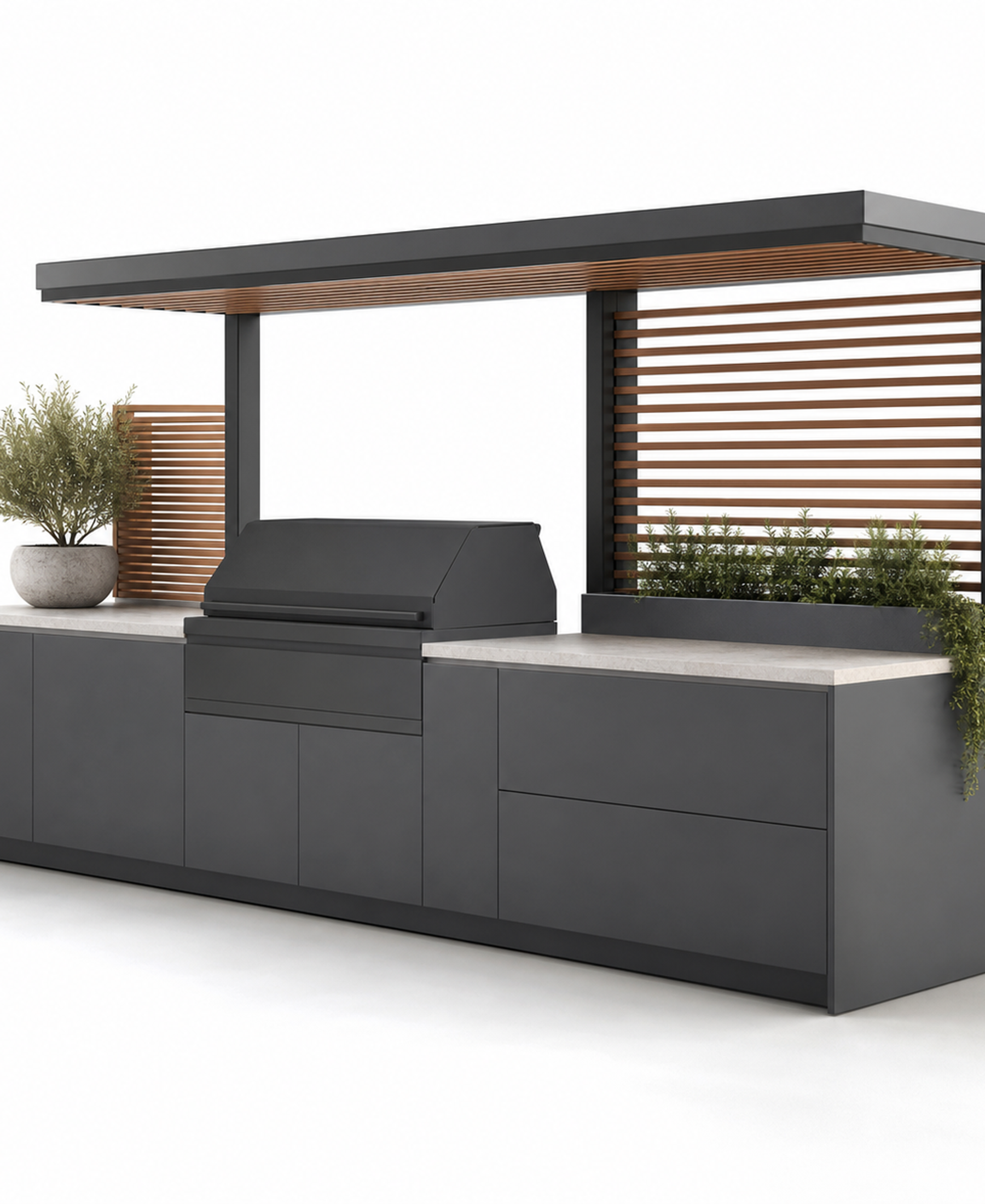 Fadior Vantage Outdoor Kitchen Suite with Shaded Galley Grill Rail — 304 stainless steel outdoor kitchen system, front view