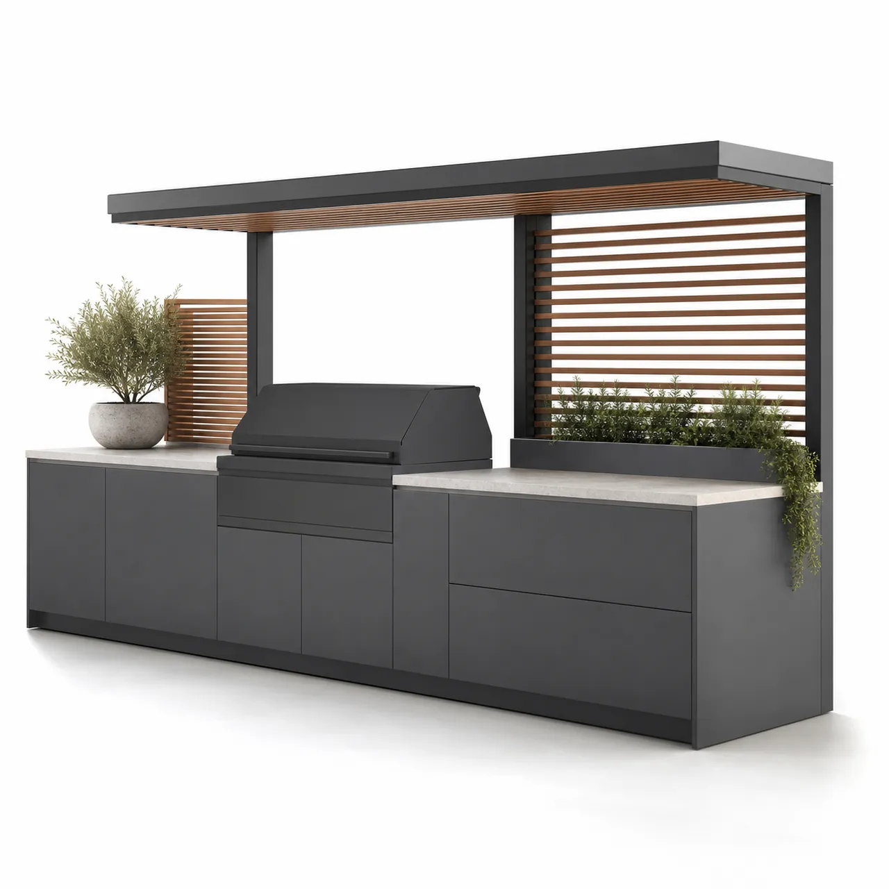 Fadior Vantage Outdoor Kitchen Suite with Shaded Galley Grill Rail — 304 stainless steel outdoor kitchen system, front view