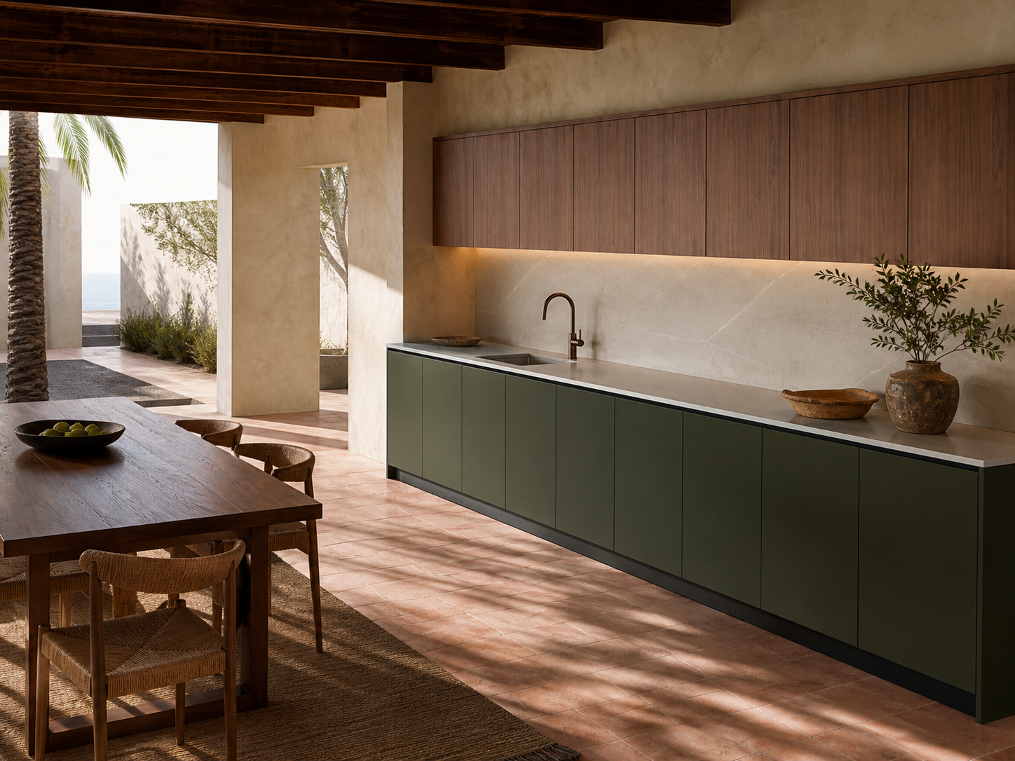 Fadior Armarios Meridian Kitchen with Porcelain Courtyard Climate Plane — lifestyle setting with natural light and