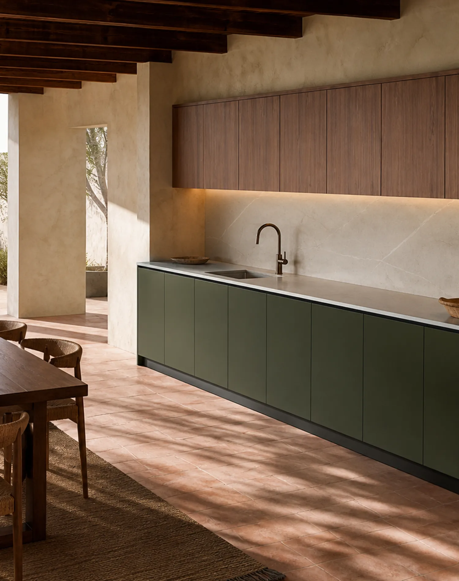 Fadior Armarios Meridian Kitchen with Porcelain Courtyard Climate Plane — lifestyle setting with natural light and