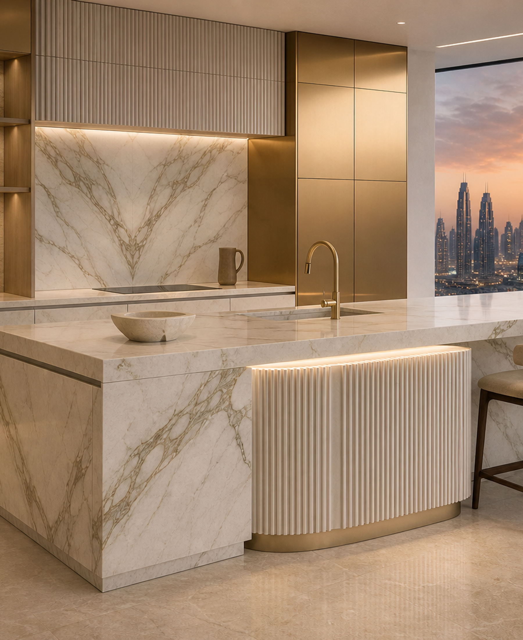 Fadior Atelier Kitchen Suite with Fluted Stone Breakfast Alcove — 304 stainless steel kitchen system, front view