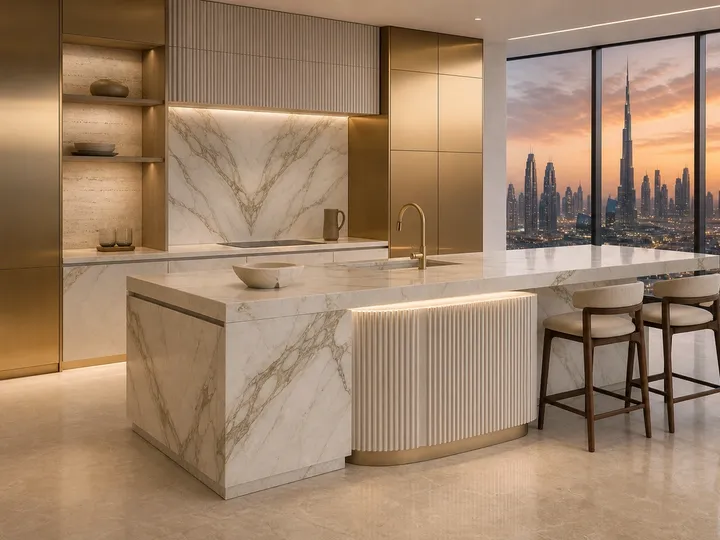 Fadior Atelier Kitchen Suite with Fluted Stone Breakfast Alcove — 304 stainless steel kitchen system, front view