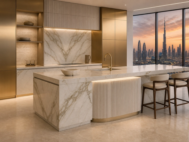 Fadior Atelier Kitchen Suite with Fluted Stone Breakfast Alcove — 304 stainless steel kitchen system, front view