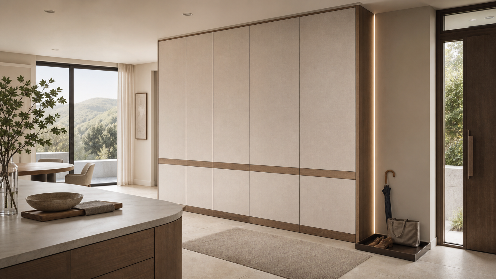 Fadior Loggia Entryway Suite with Linen Pivot Sorting Wall — lifestyle setting with natural light and residential styling