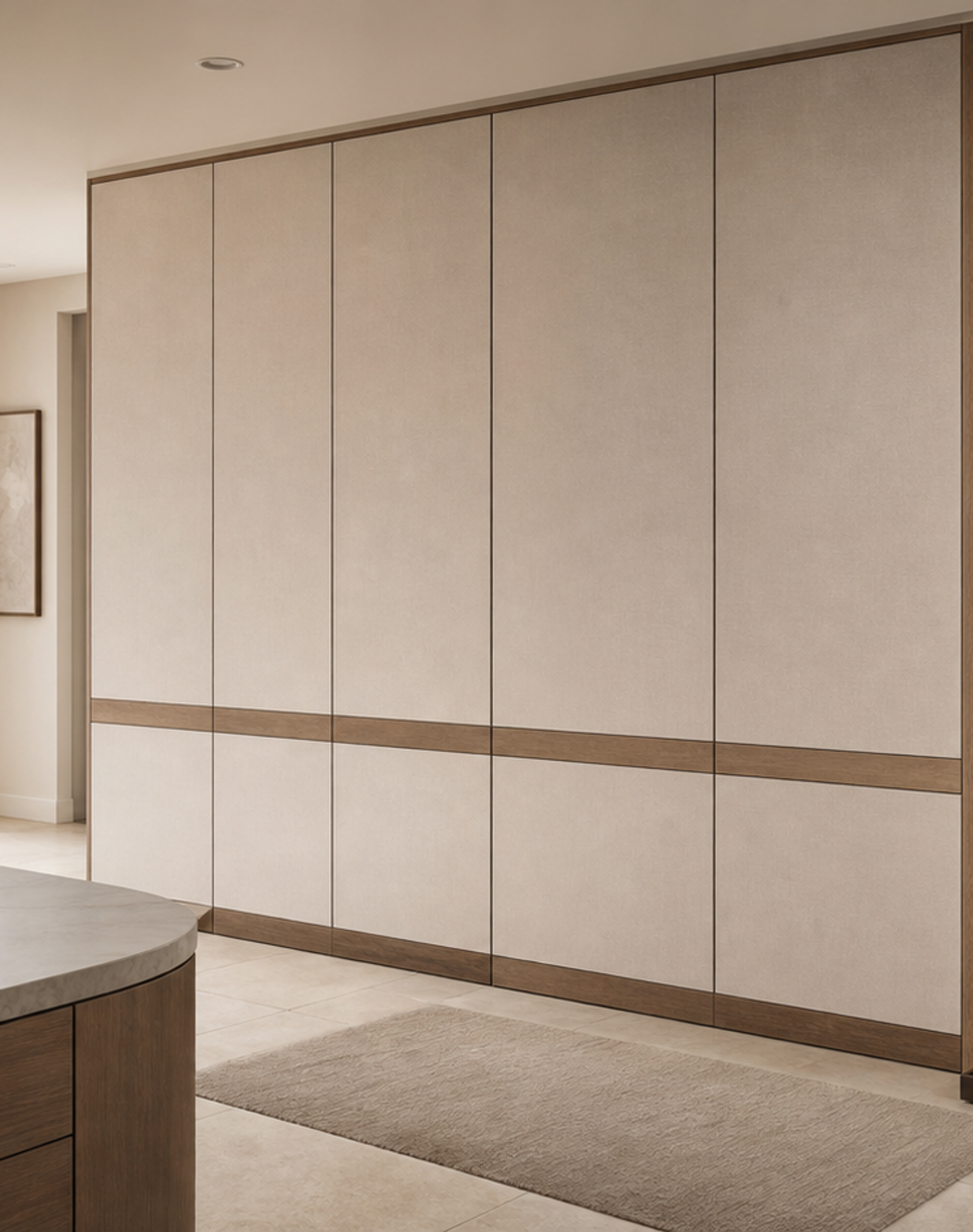 Fadior Loggia Entryway Suite with Linen Pivot Sorting Wall — lifestyle setting with natural light and residential styling