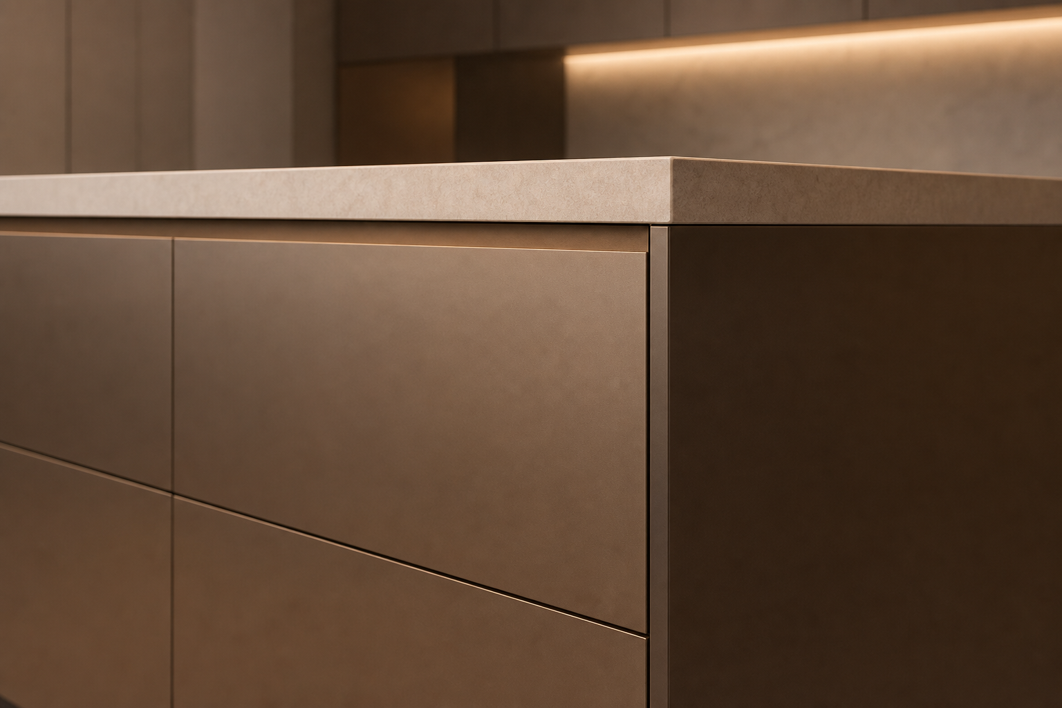 Fadior Solace Kitchen Suite with Craft Island Horizon — close-up of stainless steel finish and hardware detail