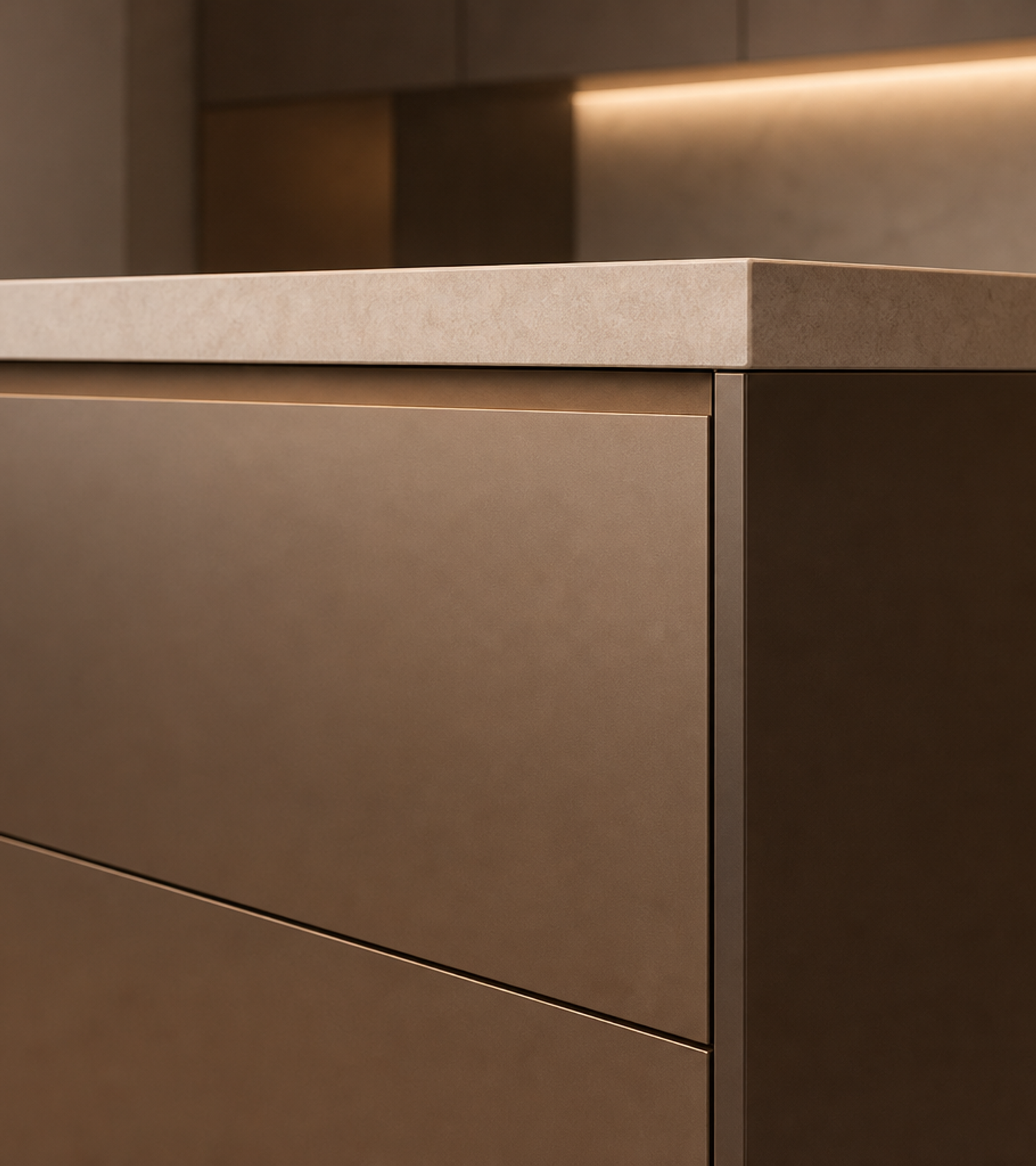 Fadior Solace Kitchen Suite with Craft Island Horizon — close-up of stainless steel finish and hardware detail