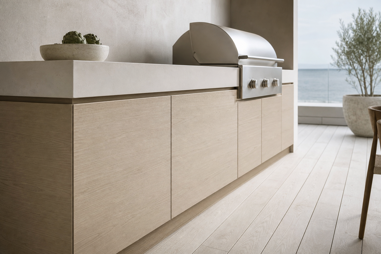 Fadior Horizon Outdoor Kitchen Suite with Whitewashed Grill Terrace — close-up of stainless steel finish and hardware detail