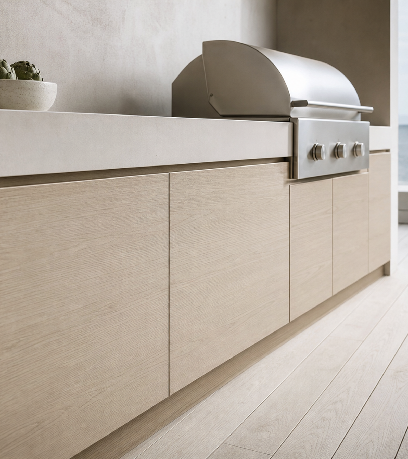 Fadior Horizon Outdoor Kitchen Suite with Whitewashed Grill Terrace — close-up of stainless steel finish and hardware detail