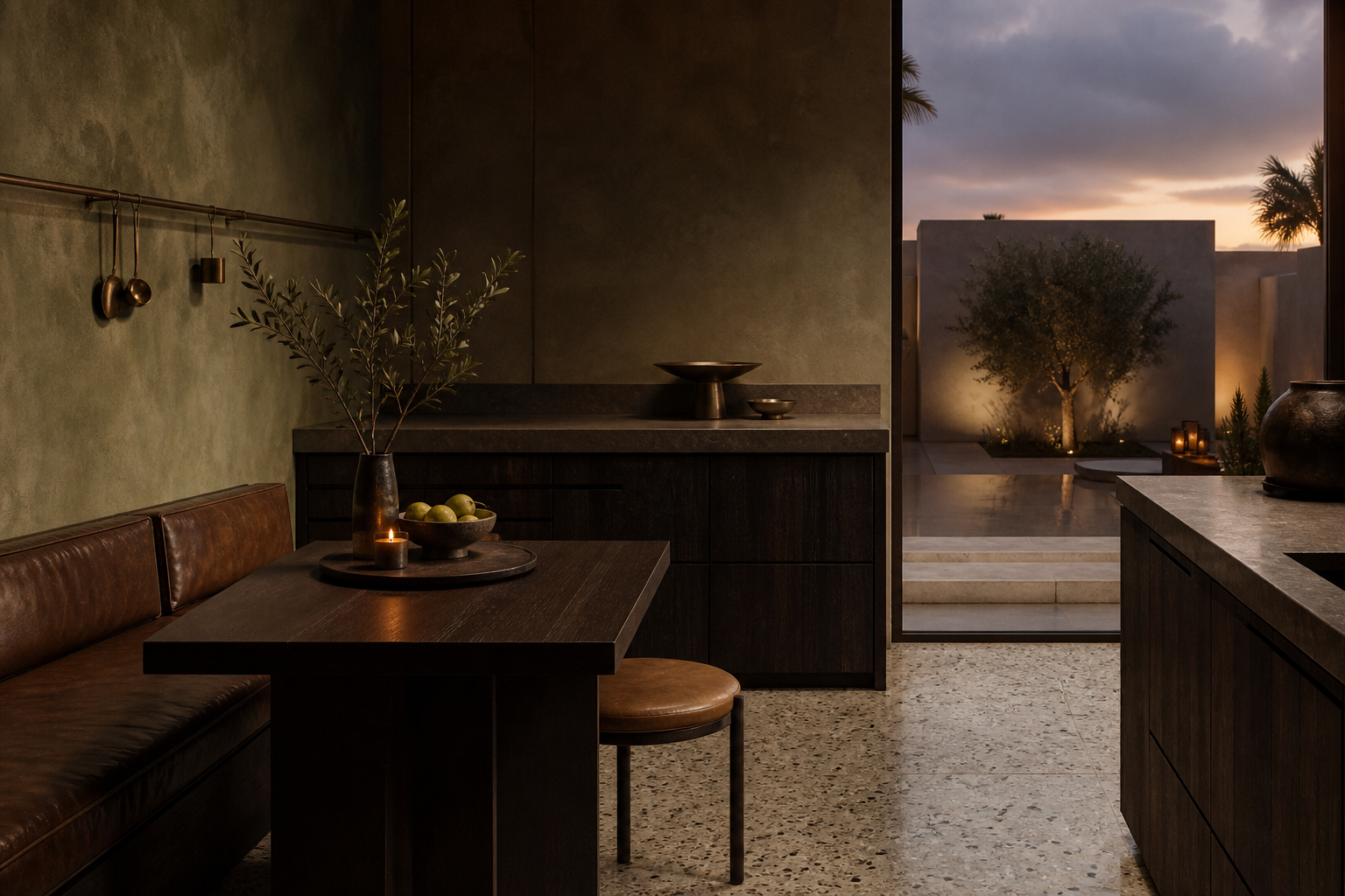 Fadior Muscat 280 sqm Kitchen Villa — Muscat villa finish study with cabinet face, stone counter, plaster wall, bronze rail,