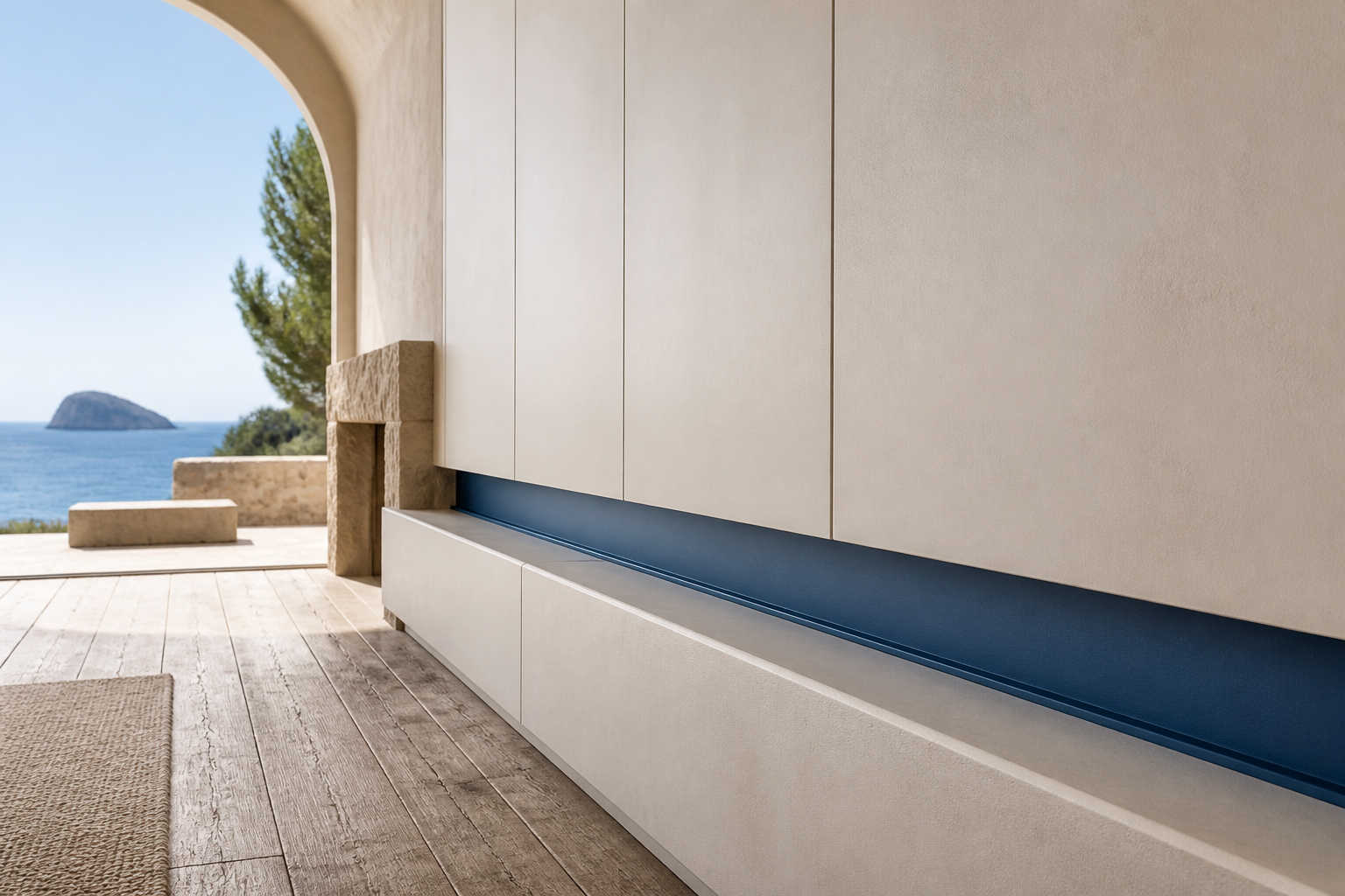 Fadior Zenith Living Room Suite with Cobalt Horizon Media Spine — close-up of stainless steel finish and hardware detail