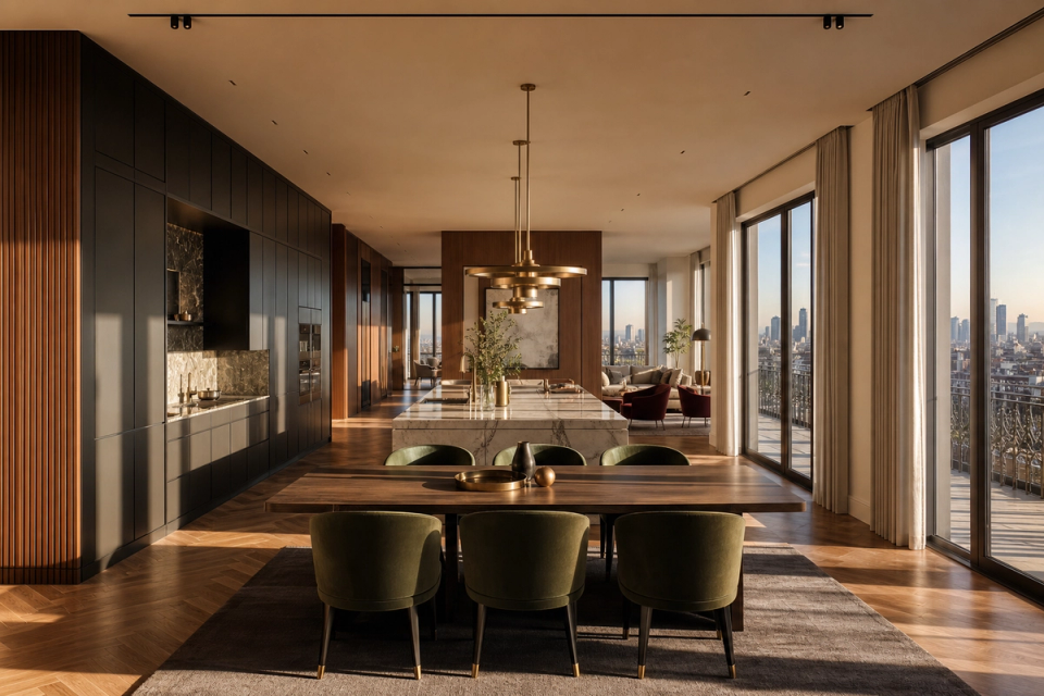Fadior Milan 200 sqm Kitchen Penthouse — Milan penthouse kitchen with island, cabinet wall, dining table, tall windows, city view, marble counter, and oak parquet floor