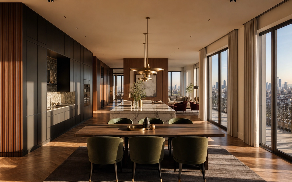 Fadior Milan 200 sqm Kitchen Penthouse — Milan penthouse kitchen with island, cabinet wall, dining table, tall windows, city view, marble counter, and oak parquet floor — 304 stainless steel cabinetry installation by Fadior