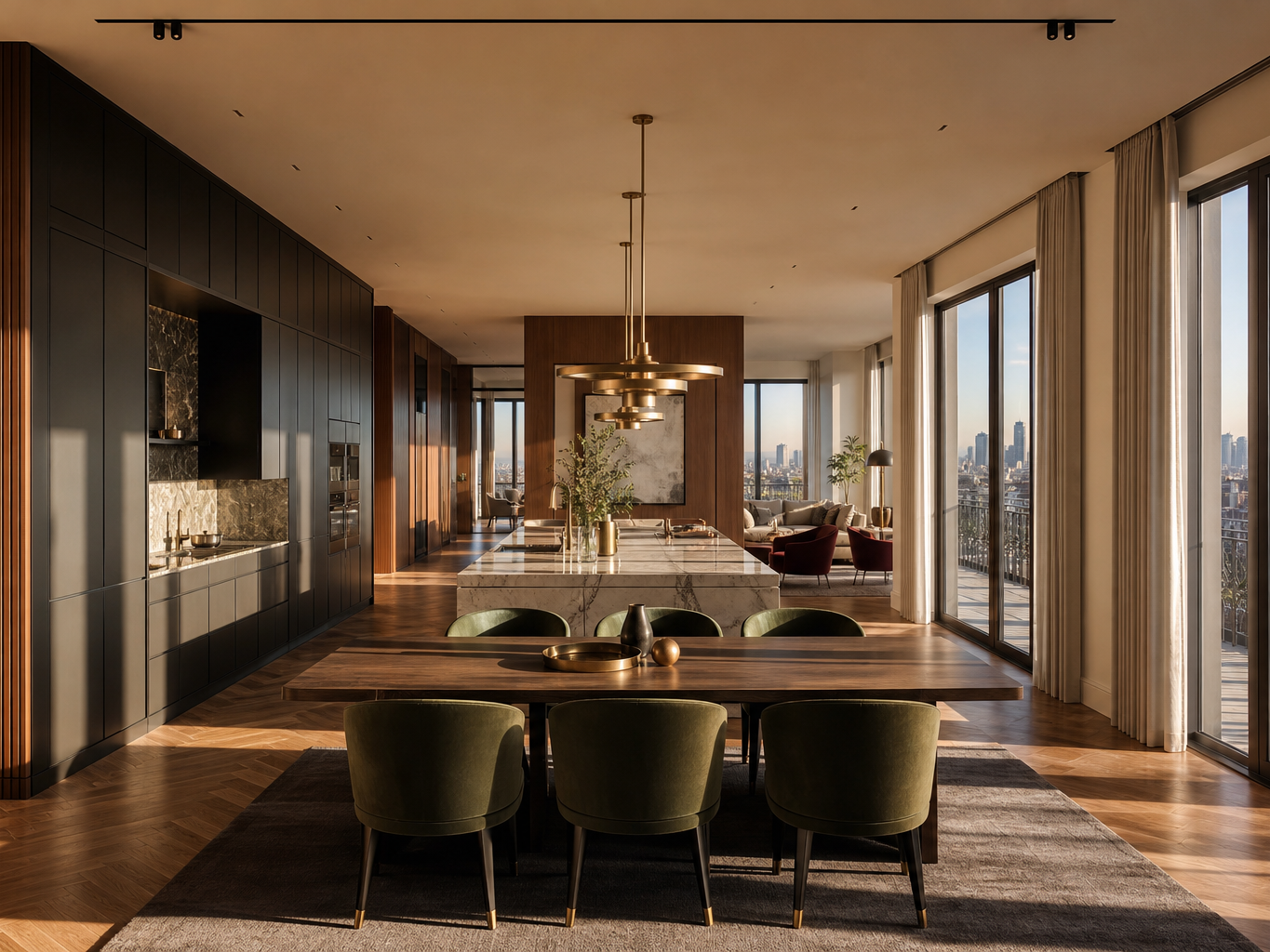 Fadior Milan 200 sqm Kitchen Penthouse — Milan penthouse kitchen with island, cabinet wall, dining table, tall windows, city view, marble counter, and oak parquet floor