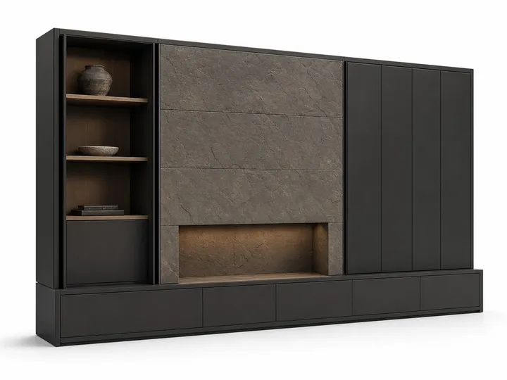 Fadior Zenith Living Room Suite with Charcoal Plinth Display Bay — 304 stainless steel living room system, front view