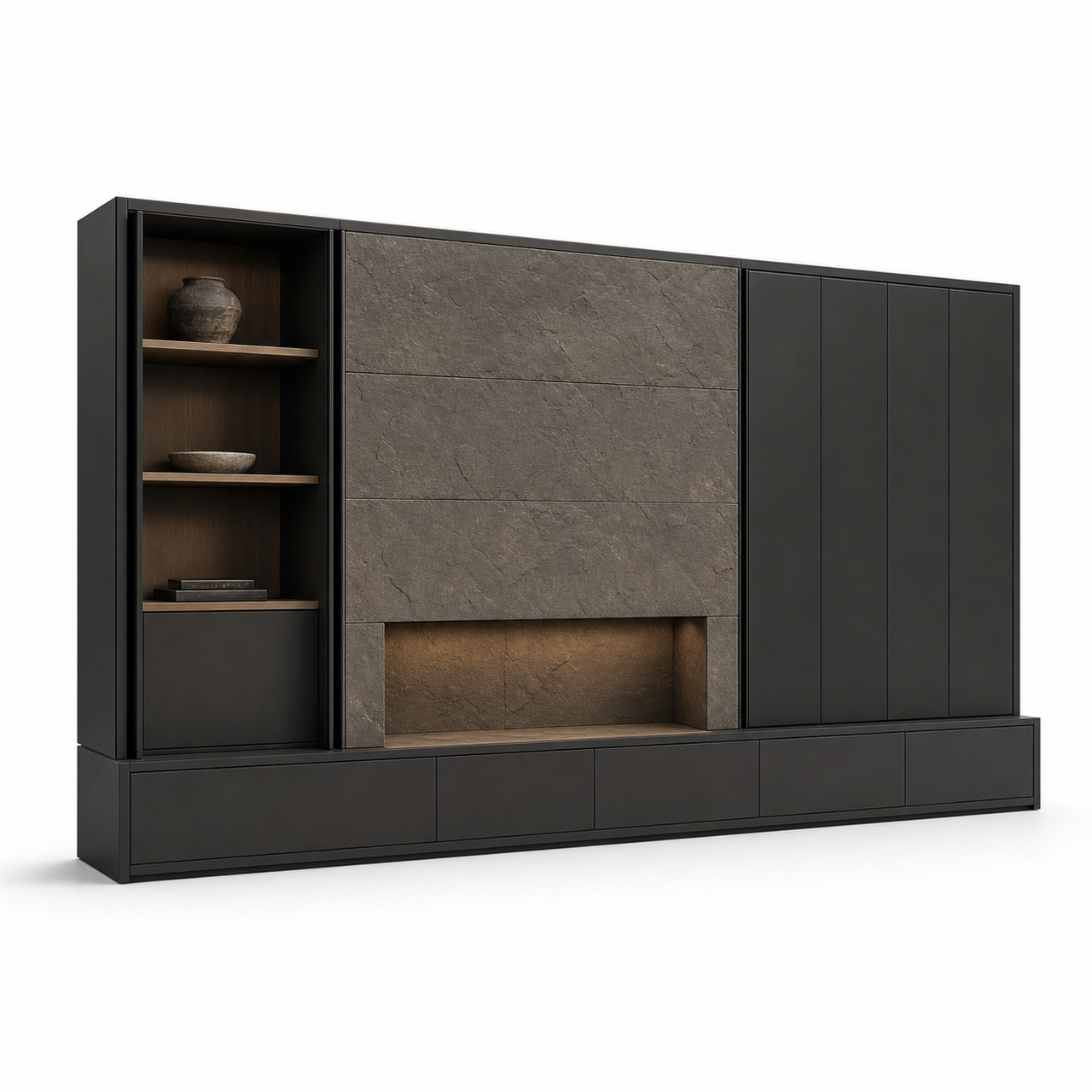 Fadior Zenith Living Room Suite with Charcoal Plinth Display Bay — 304 stainless steel living room system, front view