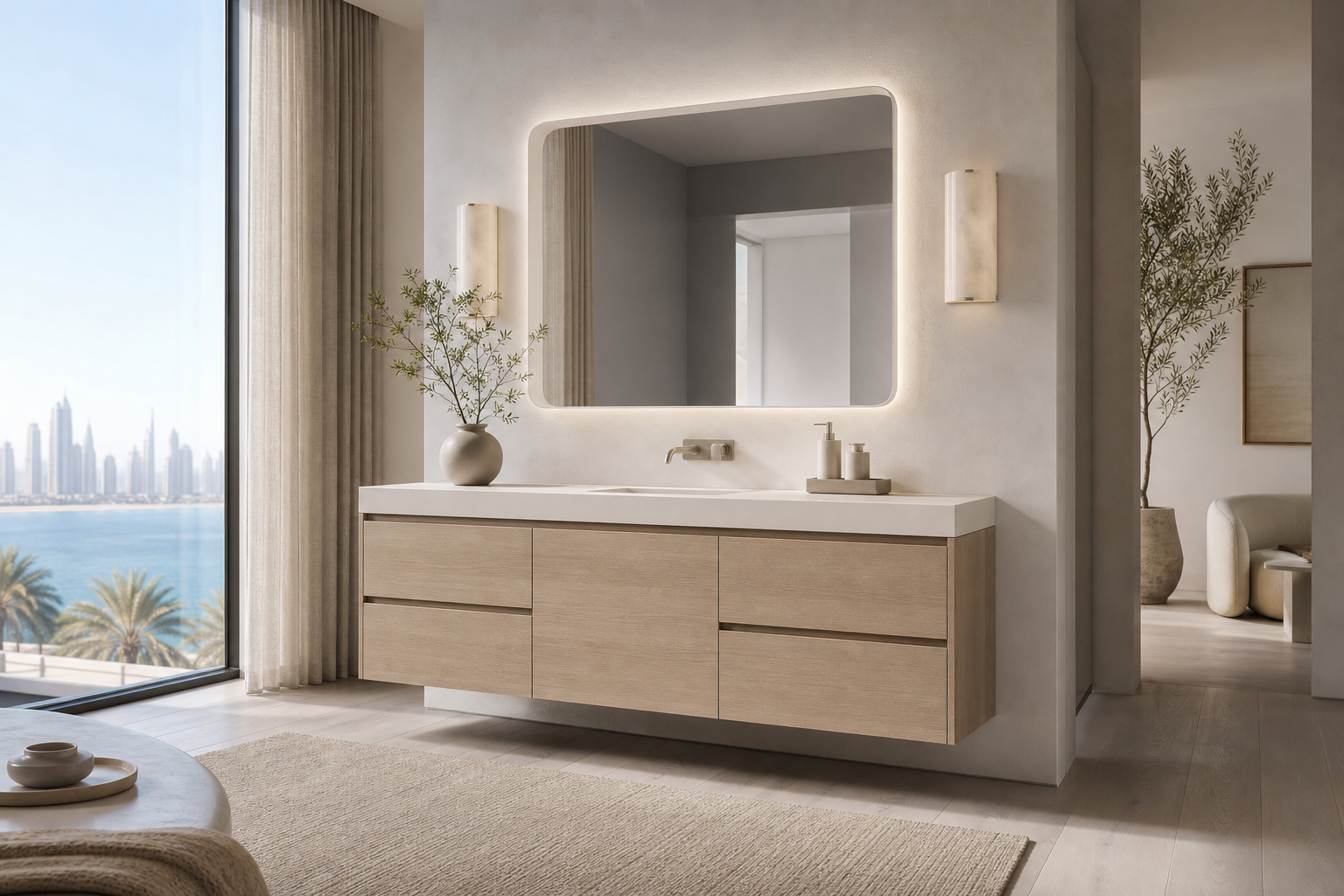 Fadior Verve Bath and Vanity Suite with Casa Italia Basin Salon — interior room context showing cabinet integration