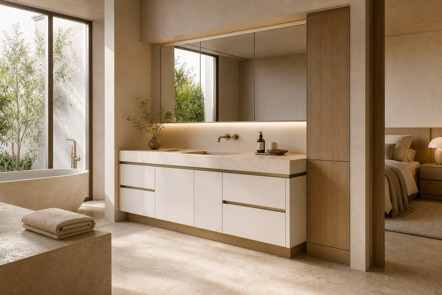 Fadior Solstice Bath and Vanity Suite with Precision Spa Vanity — lifestyle setting with natural light and residential styling